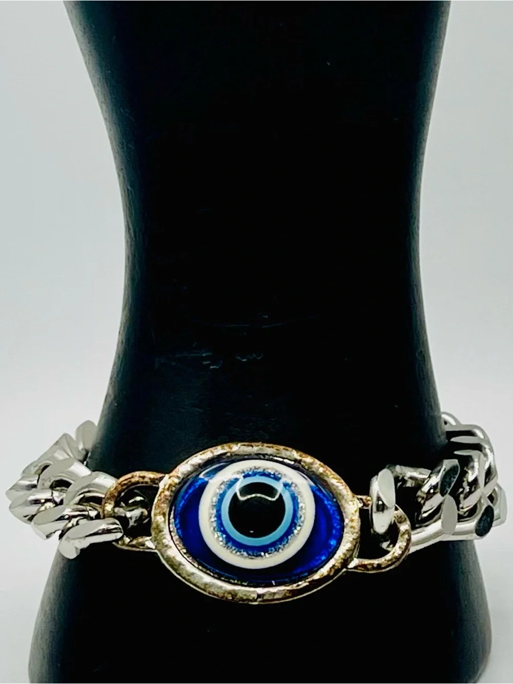 Stainless Steel Evil Eye Curb Chain Bracelet Blue Nazar Protection Amulet